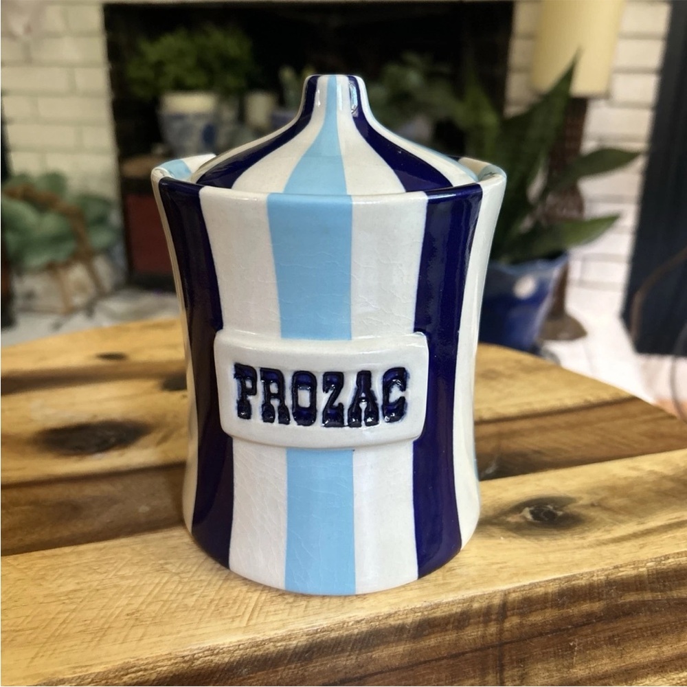 Rare Jonathan Adler PROZAC Vice Canister Striped Blue Jar Pot Porter